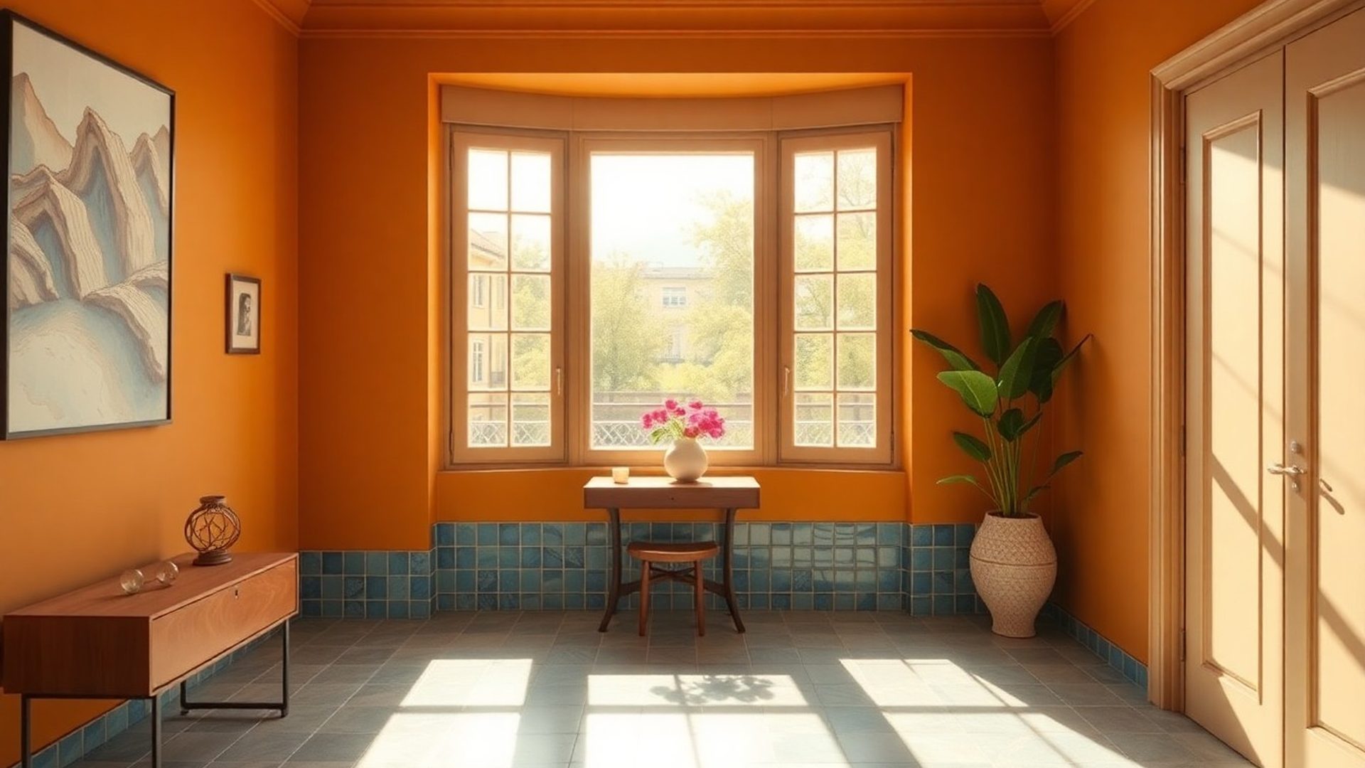 Interior luminoso de un apartamento madrileño con luz dorada y detalles en tonos azules