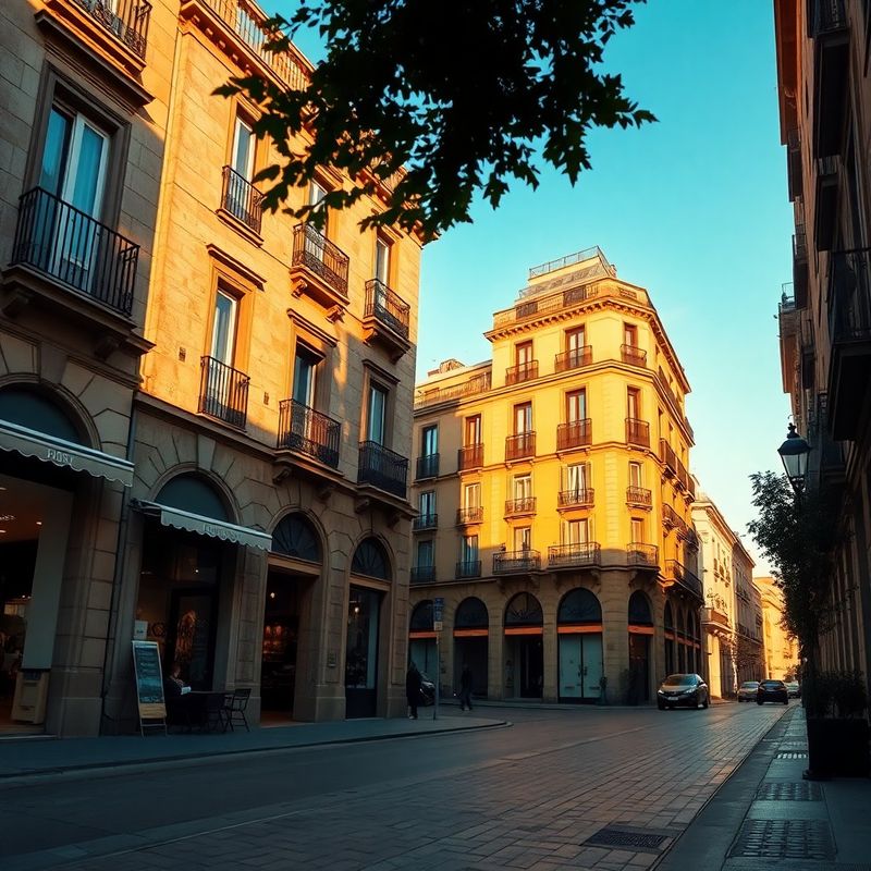 Fachadas clásicas de piedra en un barrio céntrico de Madrid bajo luz dorada